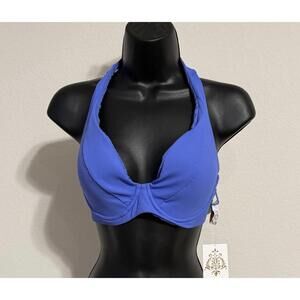 NWT Becca Women's Blue Modern Edge Halter Ribbed Bikini Top Swim - Size Small